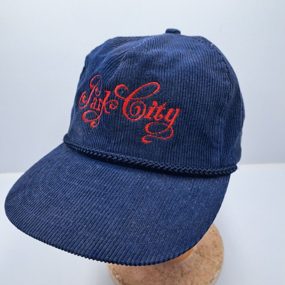 Vintage Park City Corduroy Hat Blue Red Embroidered Script Snapback